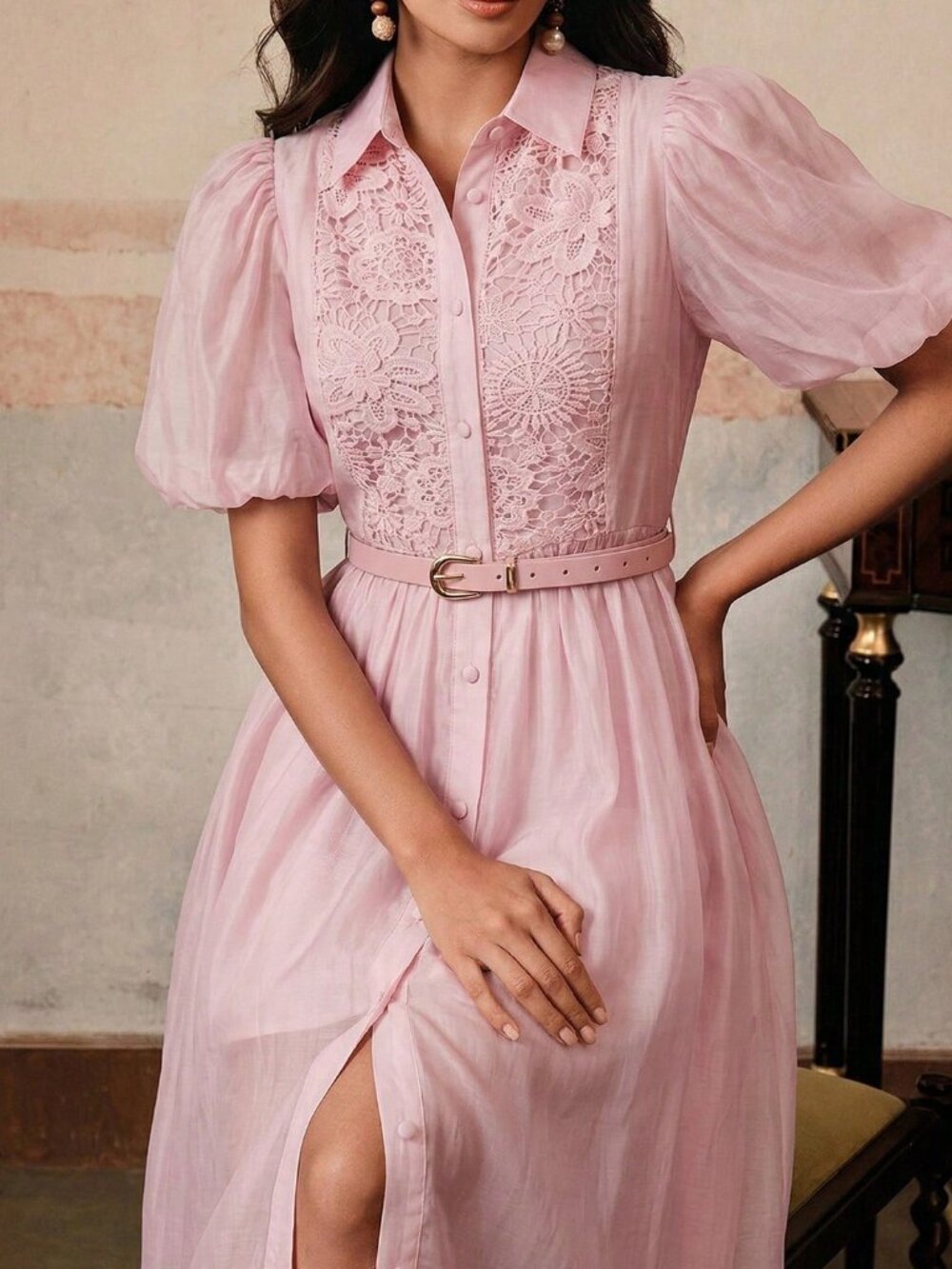 Pink Elegant Women's Floral Patchwork Ruffle Hem Midi Dress - Picture 3 of 7